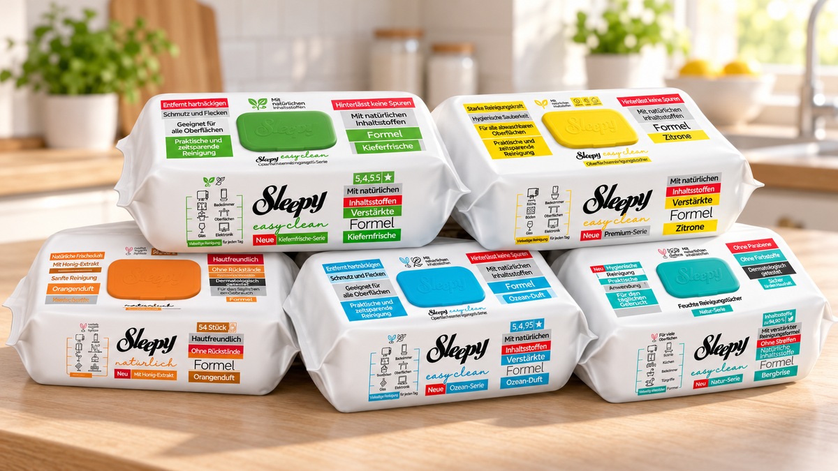 Fünf neue Sleepy Easy Clean Sorten: Orange, Zitronengelb, Mint, Türkis und Blattgrün – KI-generierte Szene