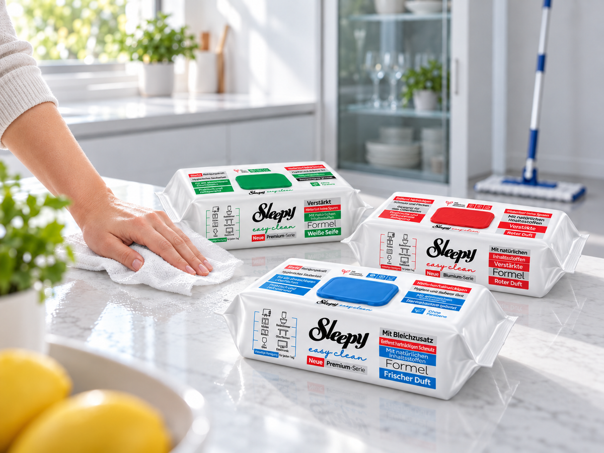 Hand wischt Küchenarbeitsfläche mit Sleepy Easy Clean Reinigungstuch, daneben drei Packungen und ein Wischmopp mit Bodentuch