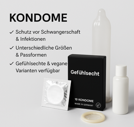 Kondome Kollektion – verschiedene Kondomverpackungen, einzeln verpackte Kondome und Flasche auf neutralem Hintergrund mit Infos zu Schutz, Größen und veganen Varianten