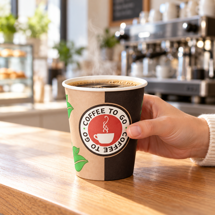 Beiger Coffee to go Becher mit Blattmotiv