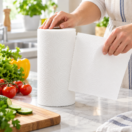 Blatt Küchenpapier wird von der Rolle abgerissen
