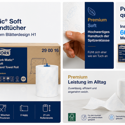 Weiche Tork Matic Soft Papierhandtücher H1 Premium mit hoher Saugkraft und angenehmer Haptik