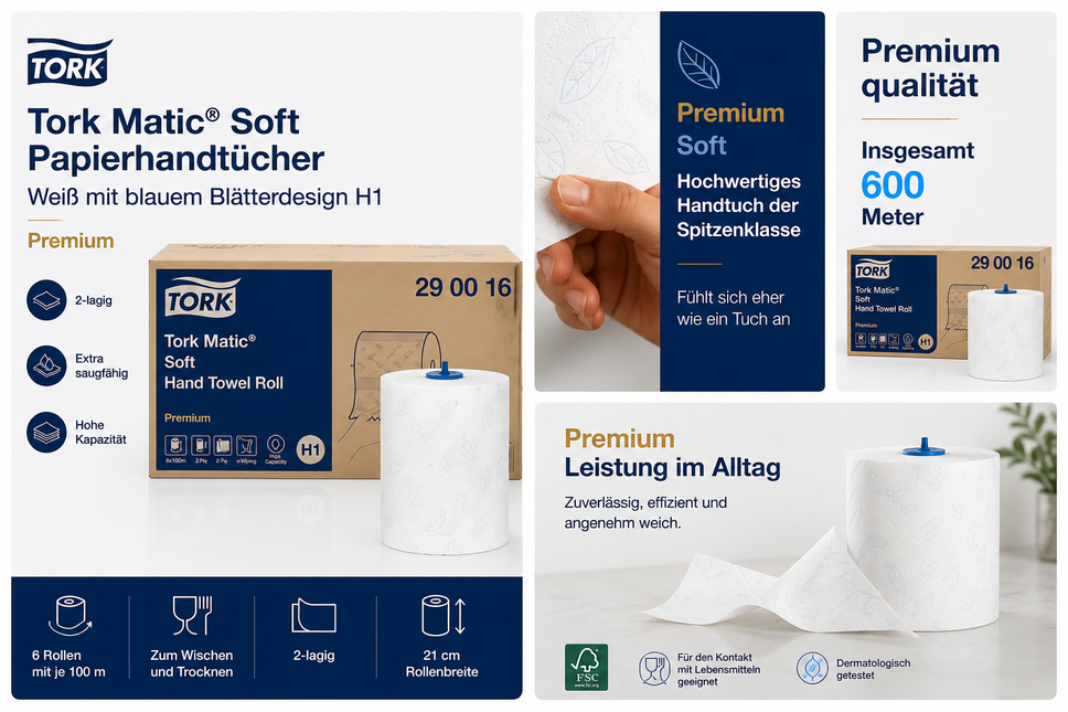 Weiche Tork Matic Soft Papierhandtücher H1 Premium mit hoher Saugkraft und angenehmer Haptik