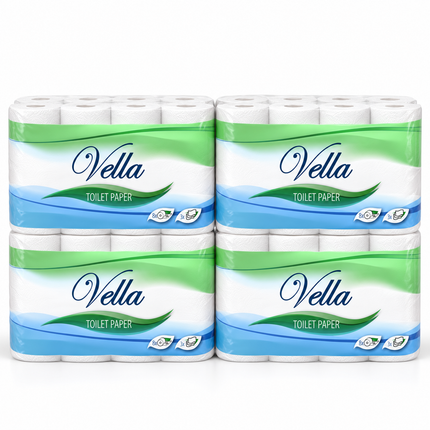 Vier gestapelte 8er-Packungen Vella Toilettenpapier 3-lagig