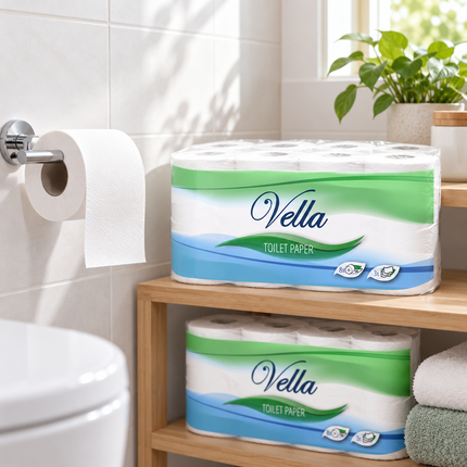 Vella Toilettenpapier 3-lagig im hellen Badezimmer