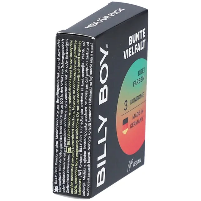Seitenansicht der BILLY BOY Kondome Bunte Vielfalt 3er Pack – drei Farben, vegan, Made in Germany