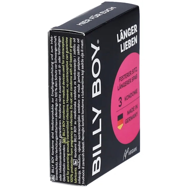 Seitenansicht der BILLY BOY Kondome Länger Lieben 3er Pack – vegan, Made in Germany