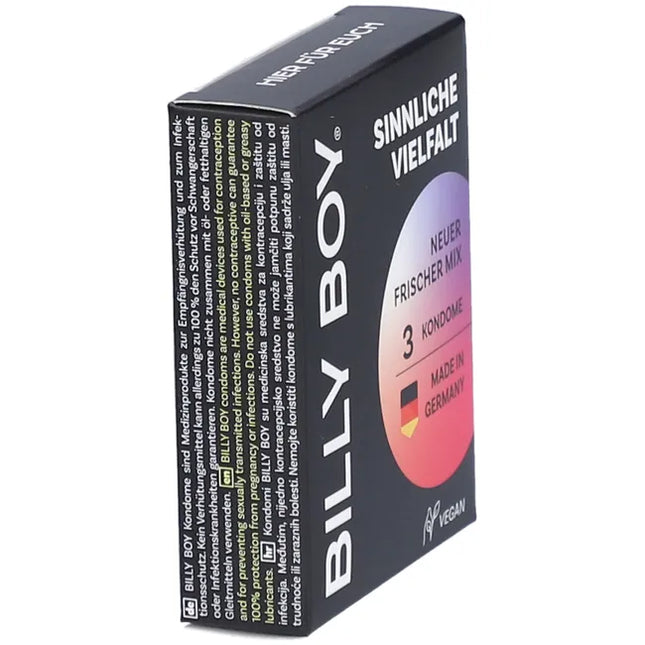 Seitenansicht der BILLY BOY Kondome Sinnliche Vielfalt 3er Pack – neuer frischer Mix, vegan, Made in Germany