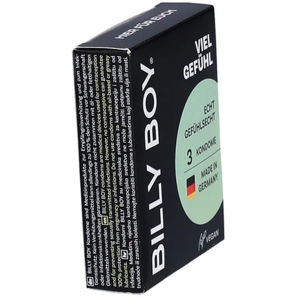 Seitenansicht der BILLY BOY Kondome Viel Gefühl 3er Pack – vegan, Made in Germany