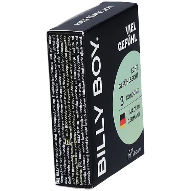 Seitenansicht der BILLY BOY Kondome Viel Gefühl 3er Pack – vegan, Made in Germany