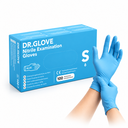 Dr. Glove Nitril Einmalhandschuhe blau 100 Stück mit Verpackung und angezogenen Handschuhen