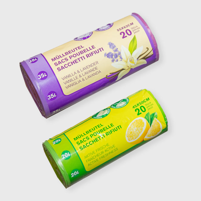 Zwei Rollen duftende Müllbeutel in Vanille-Lavendel (35 l) und Zitrone (20 l) mit Zugband – hygienisch und aromatisch