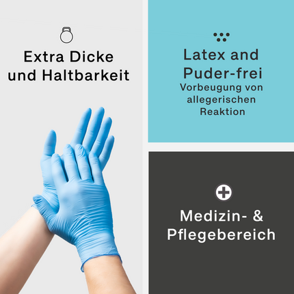 Extra dicke und haltbare blaue Einweghandschuhe, latex- und puderfrei zur Vermeidung allergischer Reaktionen, geeignet für den Medizin- und Pflegebereich