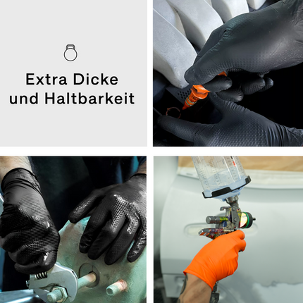 Extra dicke schwarze und orange Nitrilhandschuhe für den Industrie- und Werkstatteinsatz, robust und chemikalienbeständige Werkstatthandschuhe