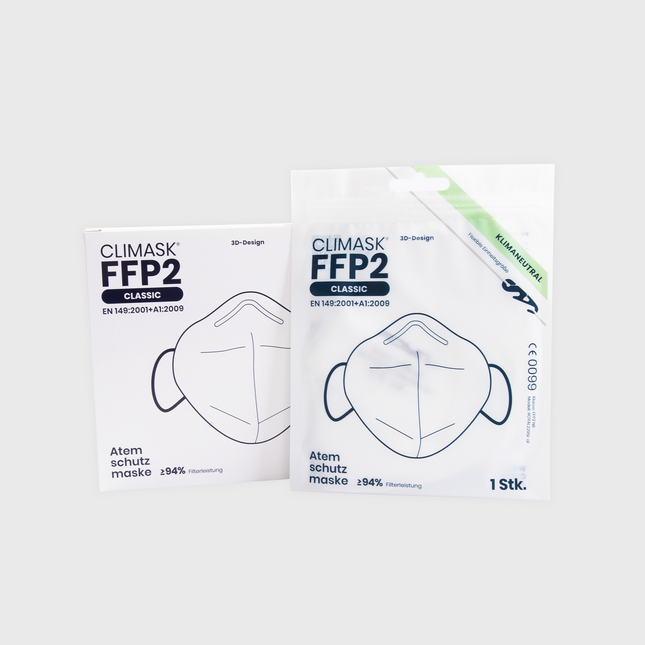 CLIMASK FFP2 Maske im Hygienebeutel neben der Originalverpackung – zertifizierter Atemschutz für den Alltag

