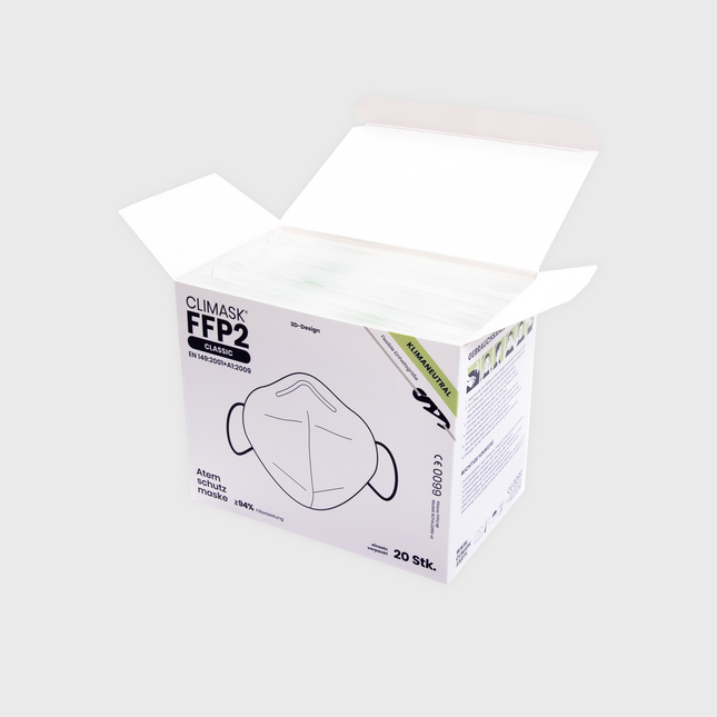 Offene Box mit CLIMASK FFP2 Atemschutzmasken – hygienisch verpackt für den täglichen Schutz

