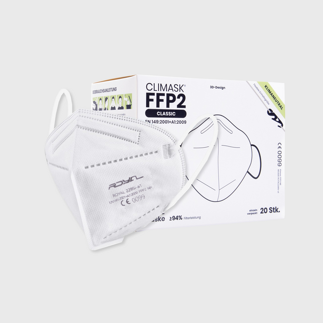 Weiße FFP2 Atemschutzmaske vor der originalen 20er Verpackung – einzeln verpackt und CE-zertifiziert


