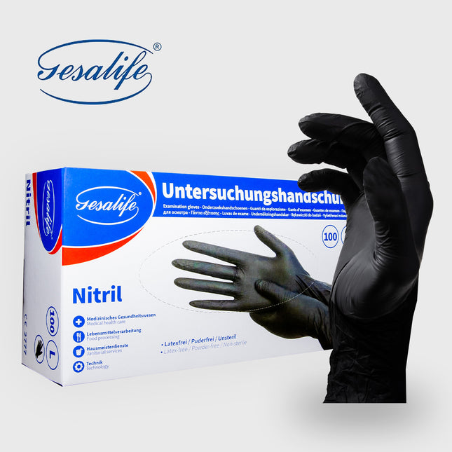 Gesalife Nitrilhandschuhe in Schwarz – medizinische, puderfreie Untersuchungshandschuhe, lebensmittelecht und latexfrei