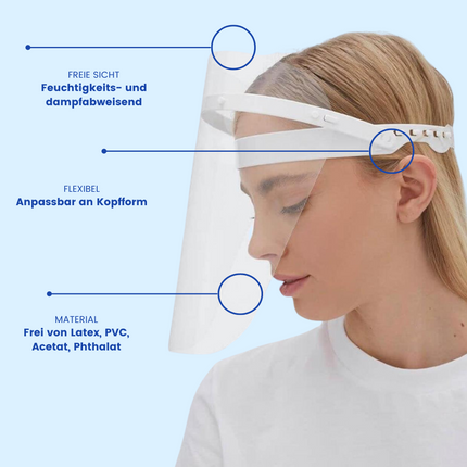 Transparentes Gesichtsschutzschild mit flexiblem Stirnband – dampfabweisend, latexfrei und individuell anpassbar

