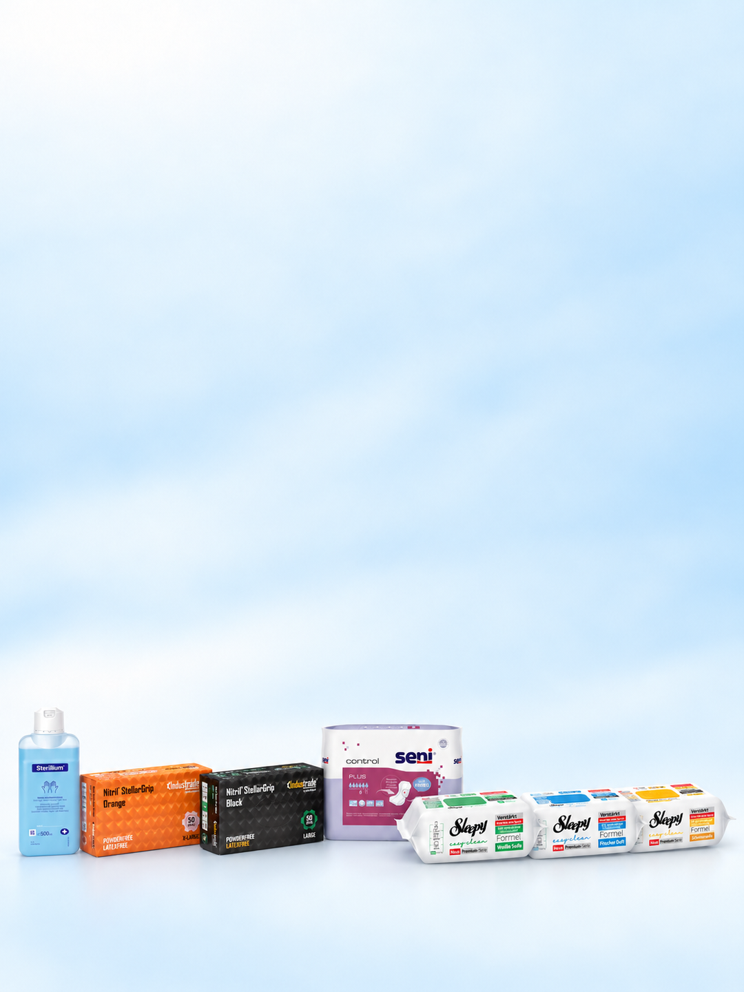 Sortiment von TempoSupply: Nitrilhandschuhe, Sleepy Reinigungstücher, Sterillium und Seni Control