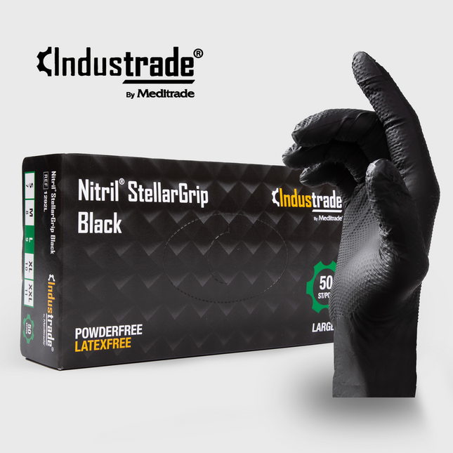 Industrade Nitril StellarGrip Black Handschuhe, puderfrei und latexfrei, in einer schwarzen Box mit ergonomischer Passform.