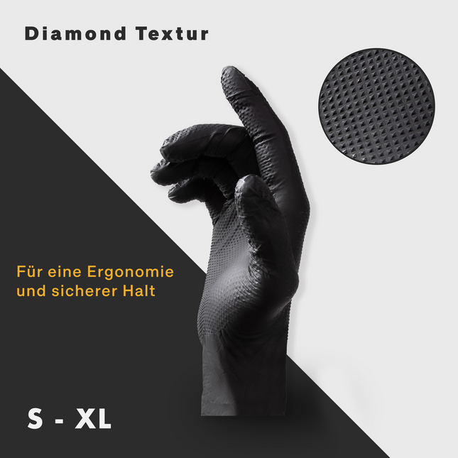 Industrade Nitril StellarGrip Black Handschuhe mit ergonomischem Design und Diamond-Textur für sicheren Halt.