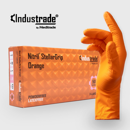 Industride StellarGrip Orange Nitrilhandschuhe, latexfrei, puderfrei, mit rutschfester Diamond-Textur für optimalen Halt. Werkstatthandschuhe