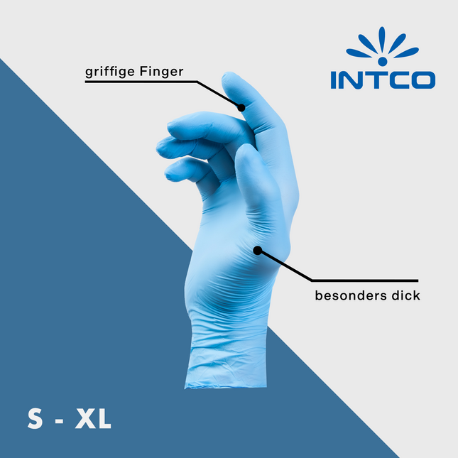 Nitrilhandschuh von INTCO, griffige Finger, besonders dick, Größe S bis XL. Nitrilhandschuhen in blau