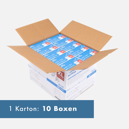 Kartons mit 10 Boxen blauen Intco Nitrilhandschuhen. Wegerfhandschuhe