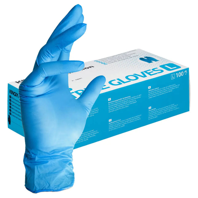 Blaue Kingfa Nitrilhandschuhe Größe L – puderfrei, 100 Stück, mit Verpackung