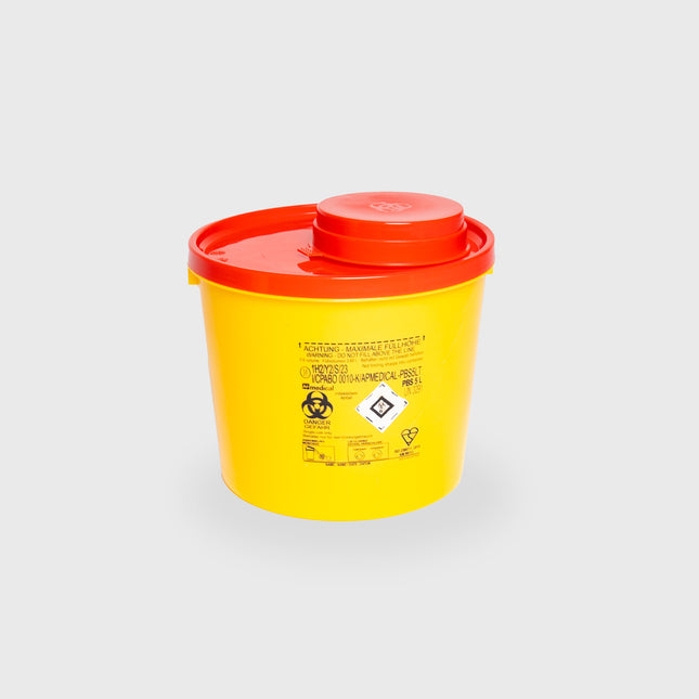 Gelber Sicherheitseimer für medizinische Abfälle mit rotem Deckel, geeignet zur sicheren Entsorgung von kontaminierten Materialien in Kliniken und Arztpraxen 5 Liter. Kanülenabwurfbehälter