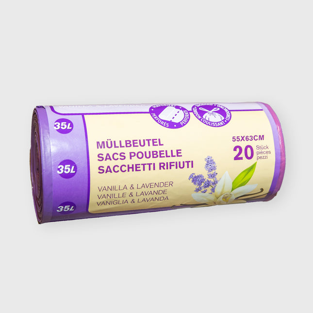 Duftende 35 l Müllbeutel mit Vanille-Lavendel-Aroma und Zugband – ideal für Küche und Bad


