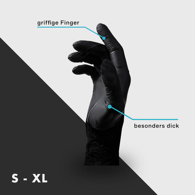 Schwarze Nitrilhandschuhe – griffige Finger, besonders dick, Größen S bis XL