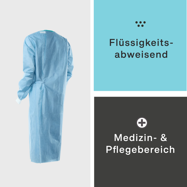 Rückansicht eines flüssigkeitsabweisenden OP-Kittels für den Einsatz im Medizin- und Pflegebereich

