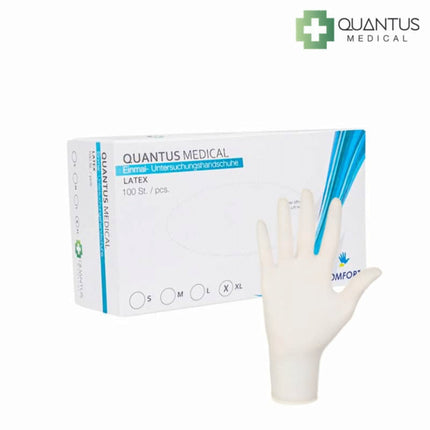 Quantus Medical Latexhandschuhe – weiße Einmal-Untersuchungshandschuhe, 100 Stück pro Box