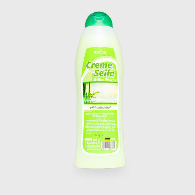 Rückseite der Regina Cremeseife Grüne Frische mit Inhaltsstoffen und Herstellerangaben, 1000 ml

