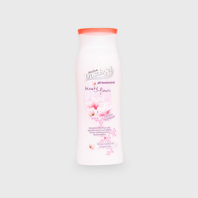 Regina Duschgel Beauty Flower mit rosa Deckel, blumiger Duft, 300 ml Flasche, pH-hautneutral auf weißem Hintergrund

