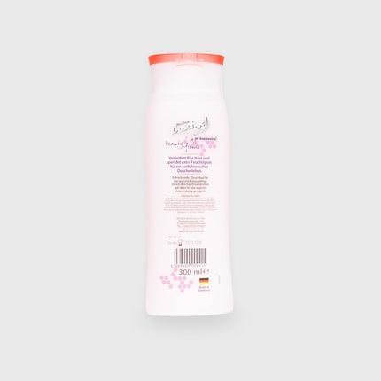 Rückseite der Regina Duschgel Beauty Flower Flasche mit 300 ml Inhalt, rosa Deckel, Inhaltsangaben und Barcode sichtbar

