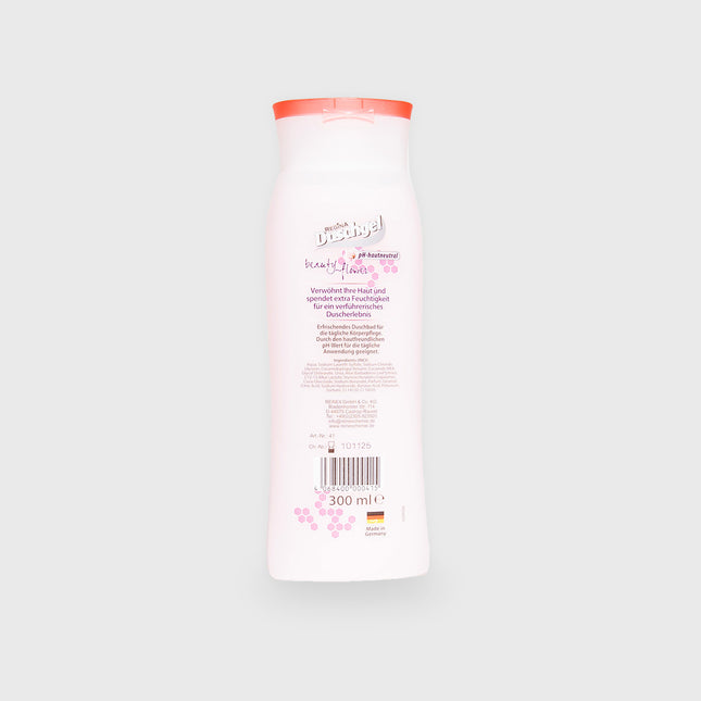 Rückseite der Regina Duschgel Beauty Flower Flasche mit 300 ml Inhalt, rosa Deckel, Inhaltsangaben und Barcode sichtbar

