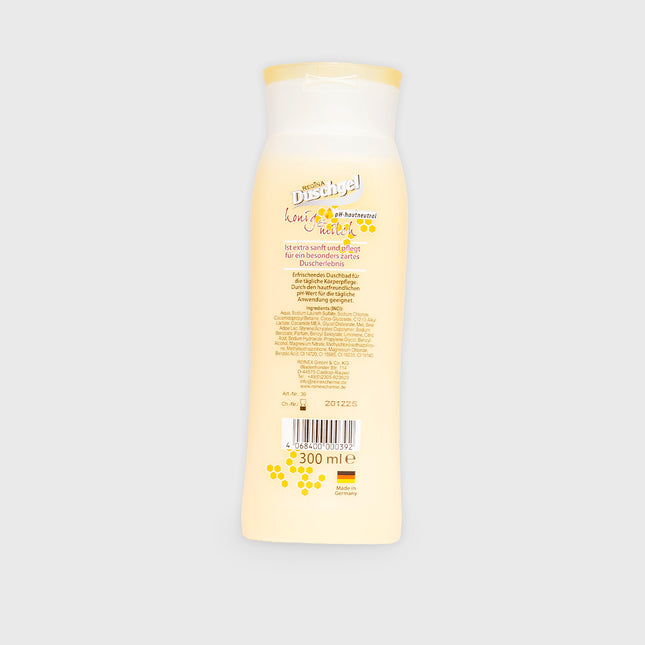 Rückseite der Regina Duschgelflasche Honig & Milch mit Inhaltsstoffen und Produktinformationen, 300 ml

