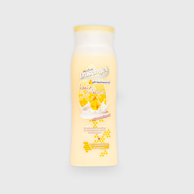 Vorderseite der Regina Duschgel Flasche mit Honig-und-Milch-Motiv, pH-hautneutral, 300 ml

