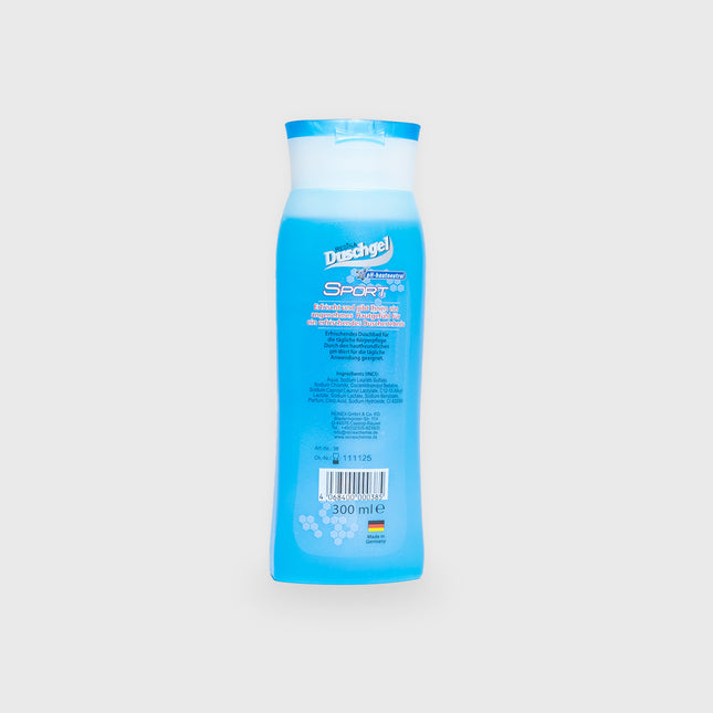 Rückseite der blauen Regina Duschgel Sport Flasche mit pH-hautneutraler Formel und Barcode, 300 ml

