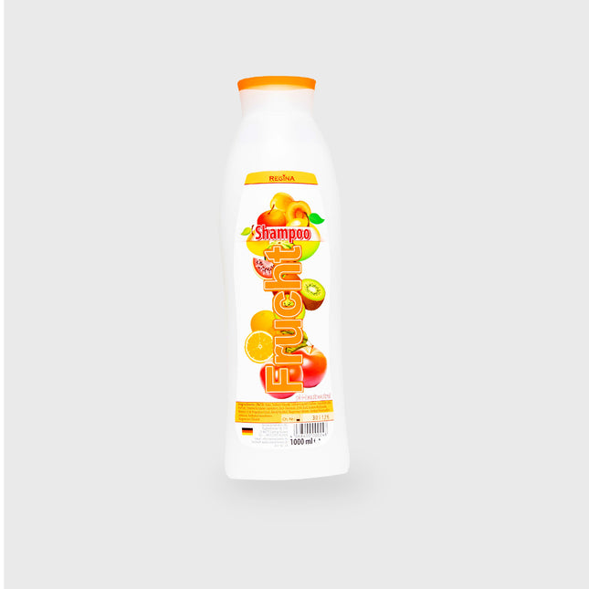 Regina Frucht Shampoo mit Orangenduft, Zitronen-, Kiwi- und Apfelmotiven auf weißer Flasche, 1000 ml

