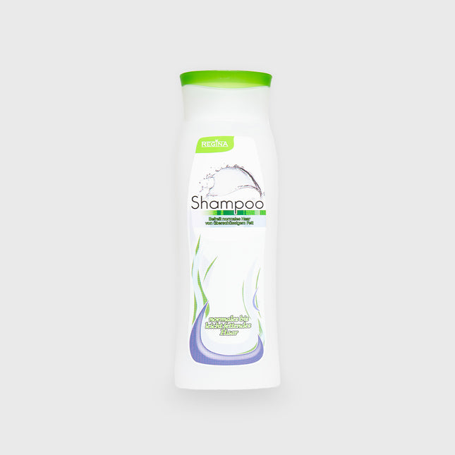 Regina Shampoo mit grünem Deckel, 300 ml Flasche, Vorderseite mit Wasser-Design und Aufschrift für normales Haar


