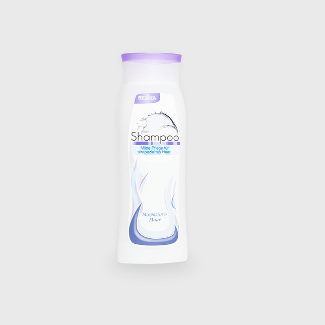 Regina Shampoo mit lila Deckel, 300 ml Flasche, für strapaziertes Haar, Vorderseite mit Wasser-Design

