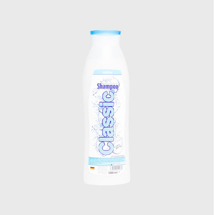 Regina Classic Shampoo mit blauem Deckel, 1000 ml Flasche, pH-hautneutral, schlichtes Design auf weißem Hintergrund

