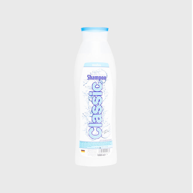 Regina Classic Shampoo mit blauem Deckel, 1000 ml Flasche, pH-hautneutral, schlichtes Design auf weißem Hintergrund

