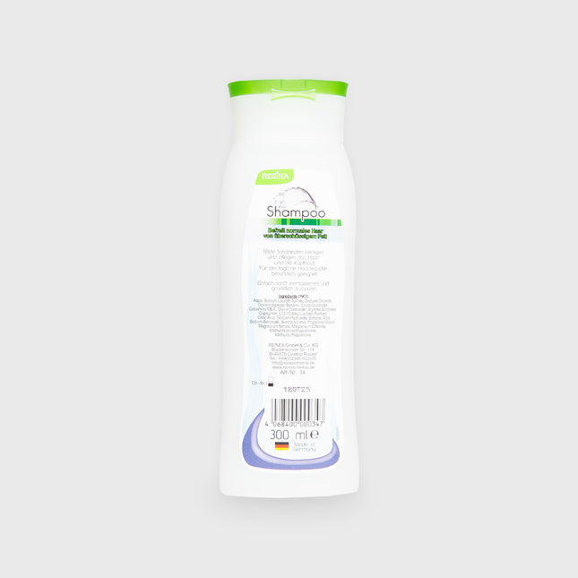 Rückseite des Regina Shampoos mit grünem Deckel und Pflegehinweisen, 300 ml, weiße Flasche

