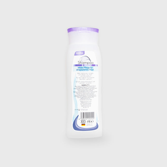 Rückseite des Regina Shampoos mit lila Deckel, milde Pflege für strapaziertes Haar, 300 ml, weiße Flasche

