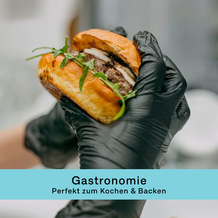 Schwarze Nitrilhandschuhe für die Gastronomie, ideal zum Kochen und Backen, schützen effektiv vor Verschmutzungen